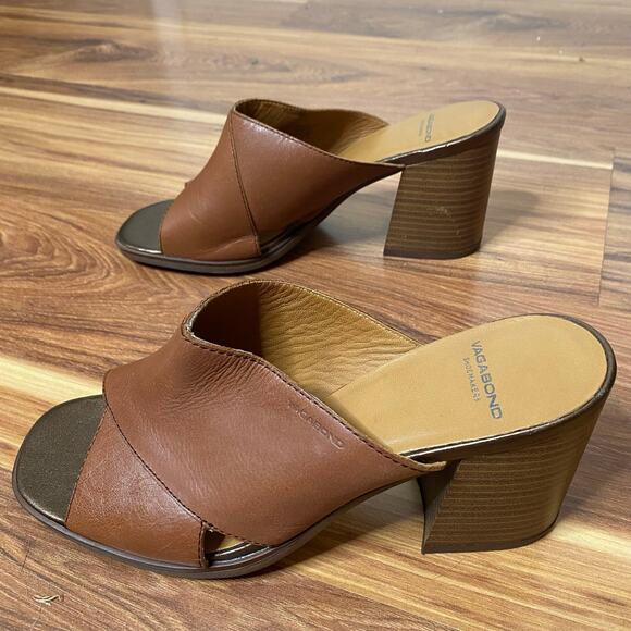 VAGABOND Brown Leather Cross Strap Block Heel Slide Sandals Size 9 - Picture 4 of 10